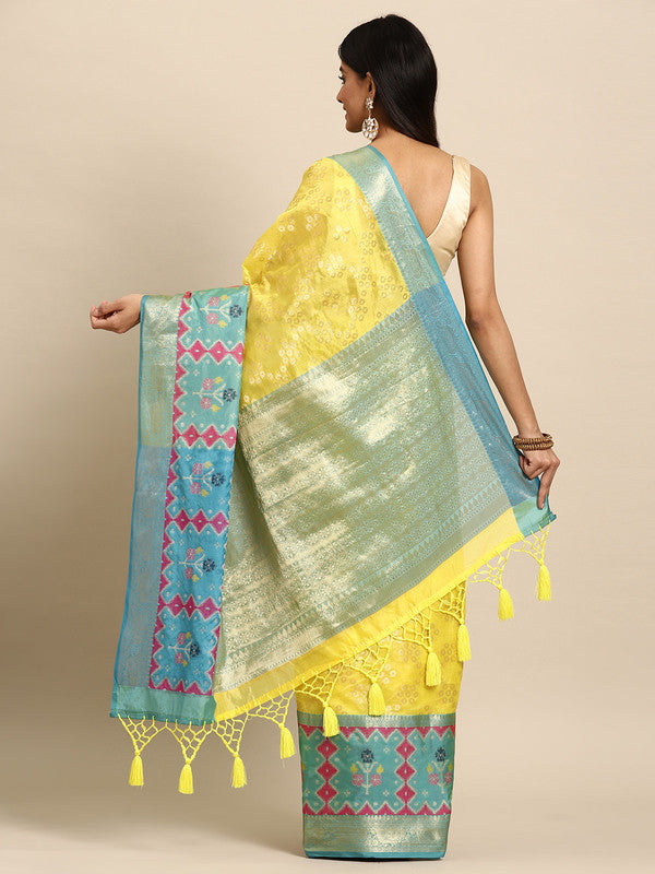 Yellow Silk Blend Woven Zari Design Geomatric Saree with Unstitched Blouse - Hiral Fashion