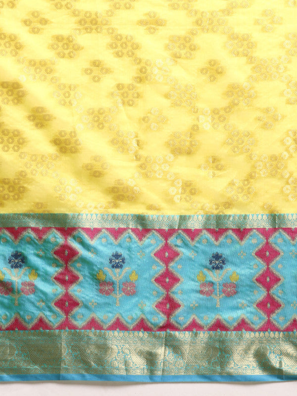 Yellow Silk Blend Woven Zari Design Geomatric Saree with Unstitched Blouse - Hiral Fashion