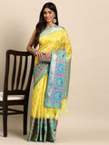 Yellow Silk Blend Woven Zari Design Geomatric Saree with Unstitched Blouse - Hiral Fashion