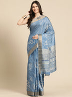 Blue Silk Blend Digital Print Floral Saree with Unstitched Blouse - Hiral Fashion