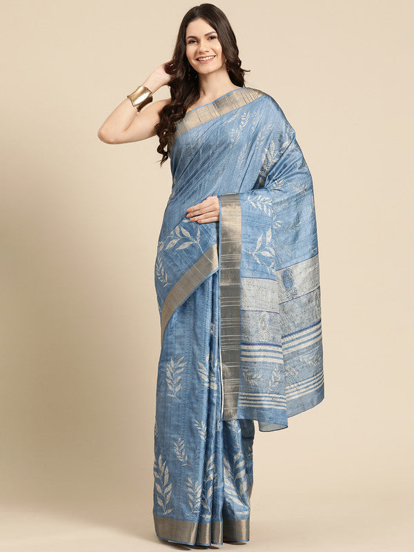 Blue Silk Blend Digital Print Floral Saree with Unstitched Blouse - Hiral Fashion