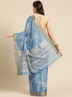 Blue Silk Blend Digital Print Floral Saree with Unstitched Blouse - Hiral Fashion