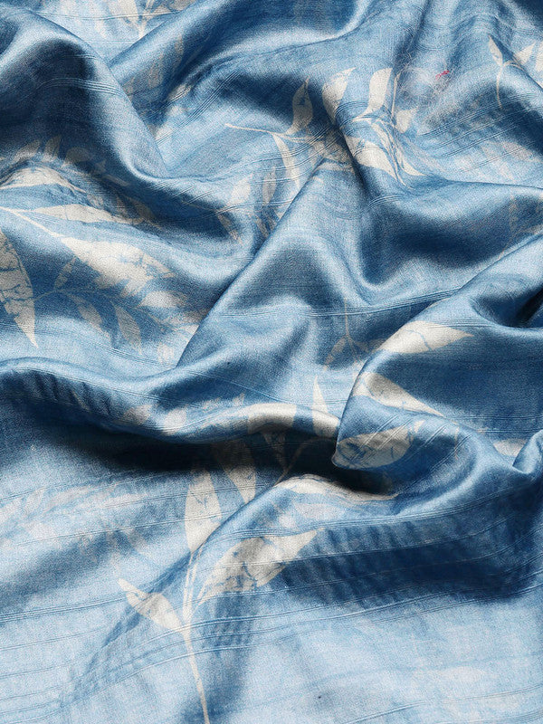 Blue Silk Blend Digital Print Floral Saree with Unstitched Blouse - Hiral Fashion