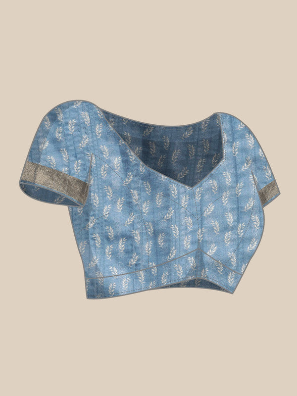 Blue Silk Blend Digital Print Floral Saree with Unstitched Blouse - Hiral Fashion