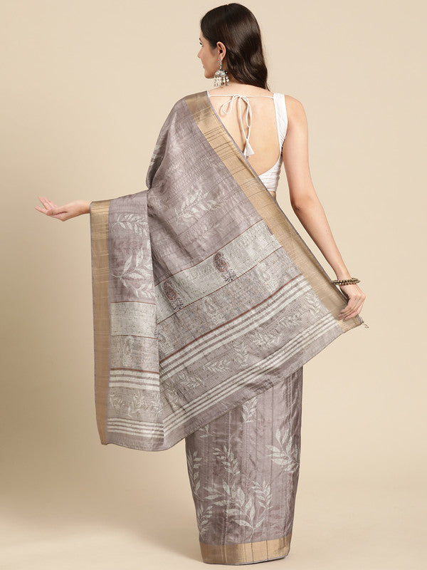 Brown Silk Blend Digital Print Floral Saree with Unstitched Blouse - Hiral Fashion