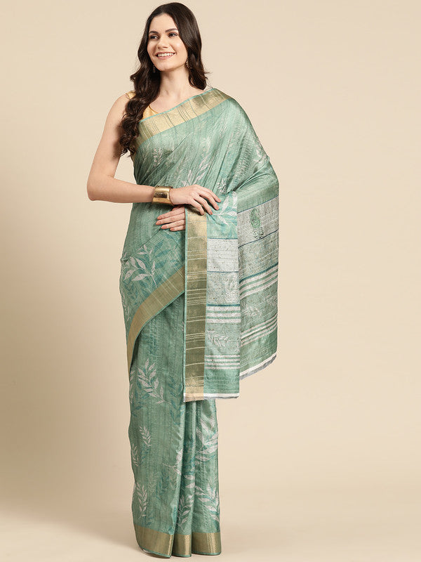 Green Silk Blend Digital Print Floral Saree with Unstitched Blouse - Hiral Fashion