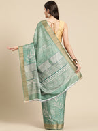 Green Silk Blend Digital Print Floral Saree with Unstitched Blouse - Hiral Fashion