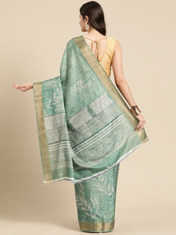 Green Silk Blend Digital Print Floral Saree with Unstitched Blouse - Hiral Fashion