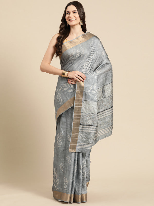 Gray Silk Blend Digital Print Floral Saree with Unstitched Blouse - Hiral Fashion