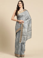 Gray Silk Blend Digital Print Floral Saree with Unstitched Blouse - Hiral Fashion
