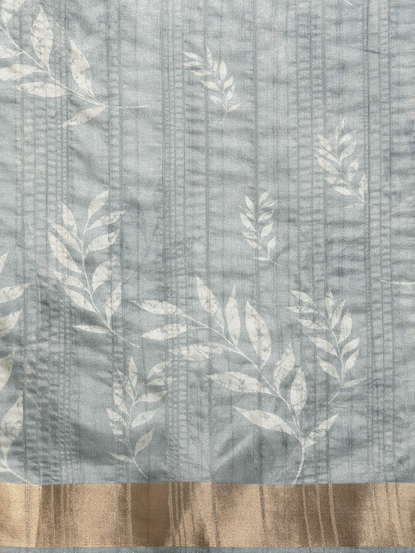 Gray Silk Blend Digital Print Floral Saree with Unstitched Blouse - Hiral Fashion