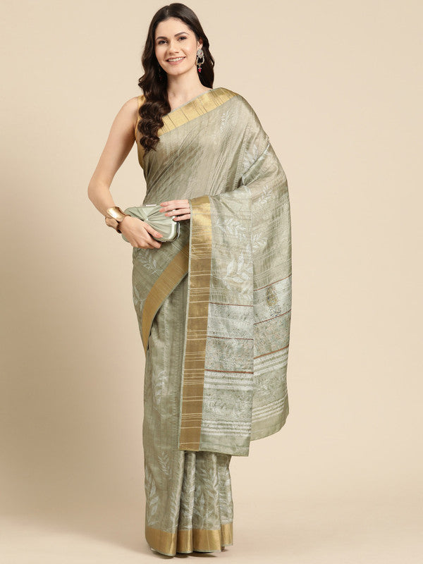 Olive Silk Blend Digital Print Floral Saree with Unstitched Blouse - Hiral Fashion