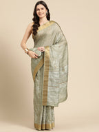 Olive Silk Blend Digital Print Floral Saree with Unstitched Blouse - Hiral Fashion