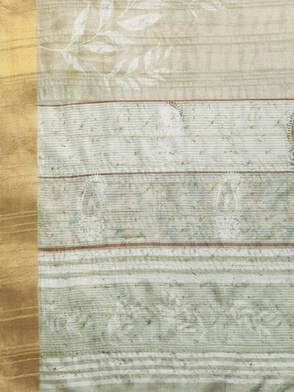 Olive Silk Blend Digital Print Floral Saree with Unstitched Blouse - Hiral Fashion