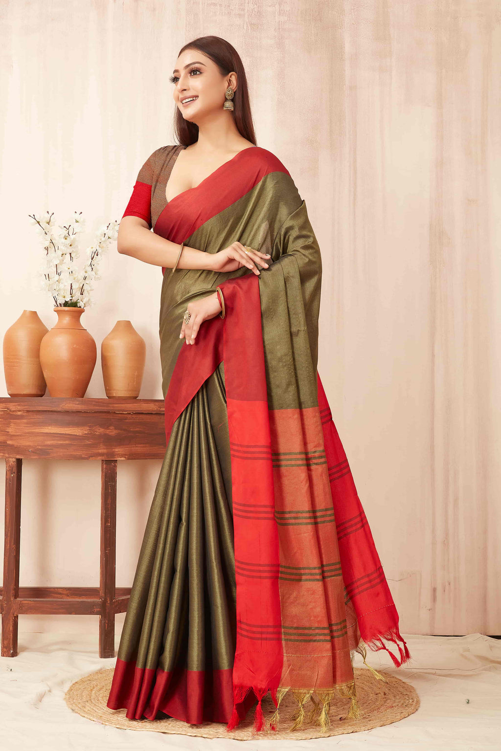 Hiral Fashion Olive Banarasi Soft Silk Solid Saree