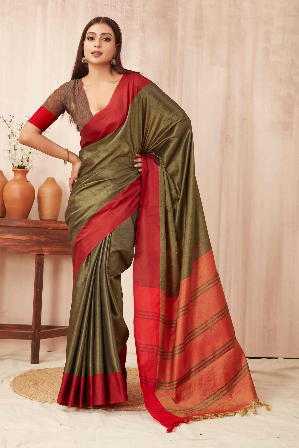 Hiral Fashion Olive Banarasi Soft Silk Solid Saree