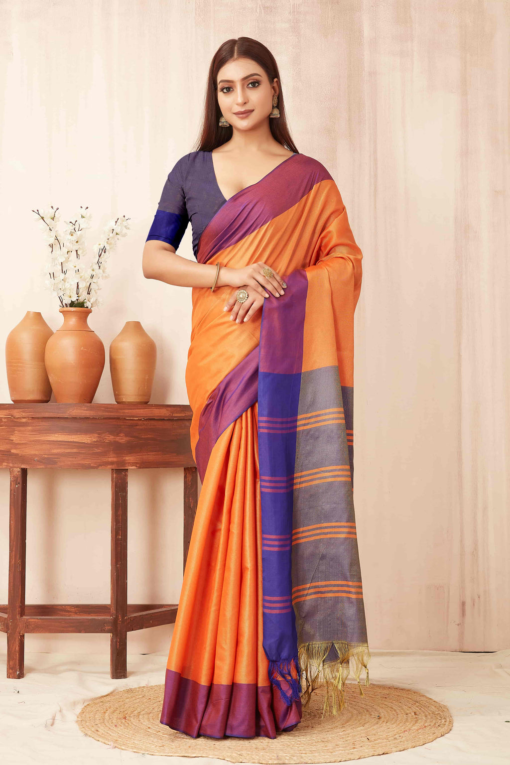 Hiral Fashion Orange Banarasi Soft Silk Solid Saree