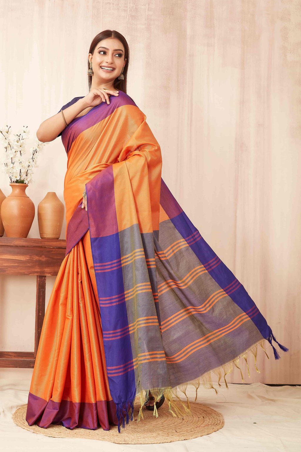 Hiral Fashion Orange Banarasi Soft Silk Solid Saree