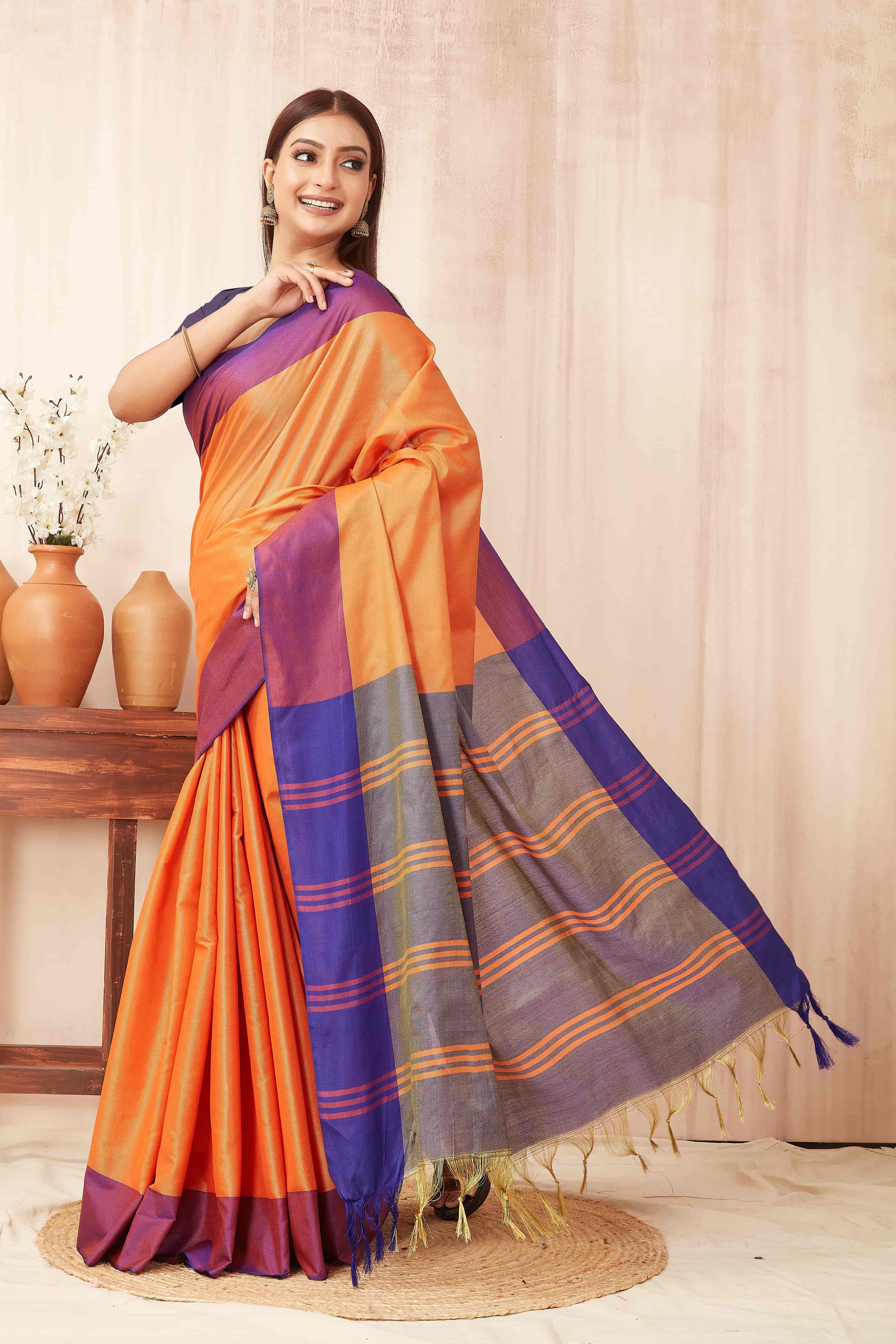 Hiral Fashion Orange Banarasi Soft Silk Solid Saree
