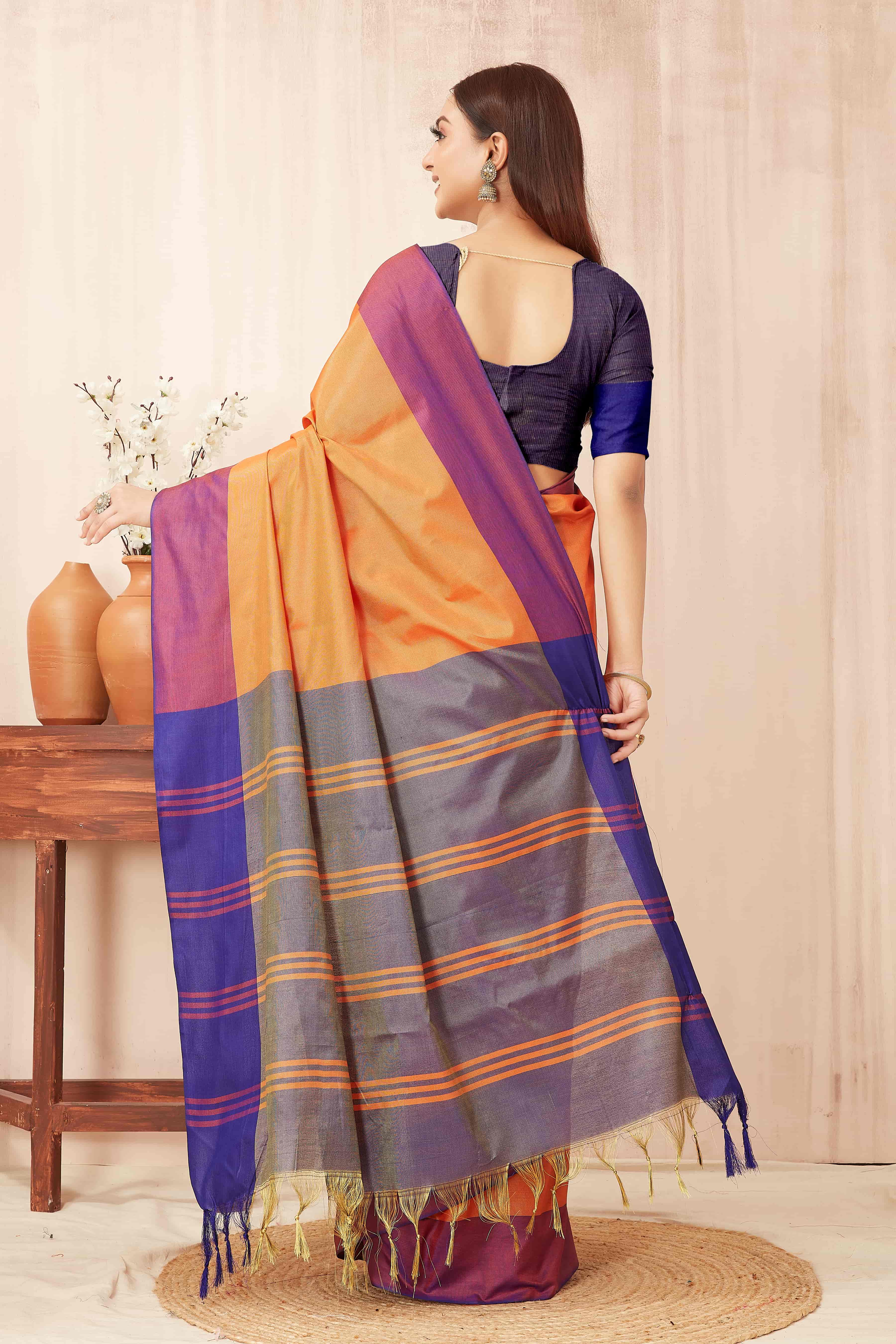 Hiral Fashion Orange Banarasi Soft Silk Solid Saree