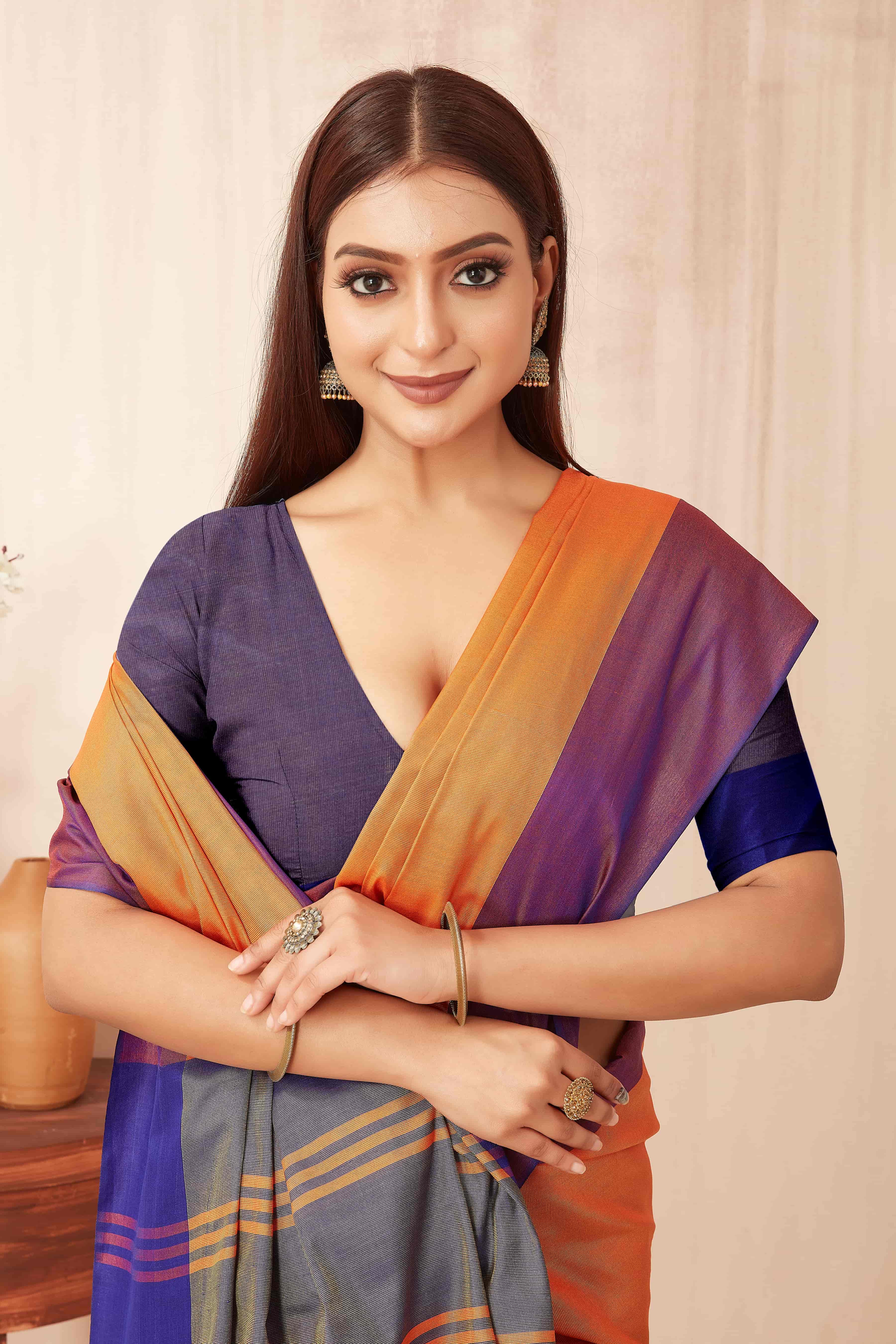 Hiral Fashion Orange Banarasi Soft Silk Solid Saree