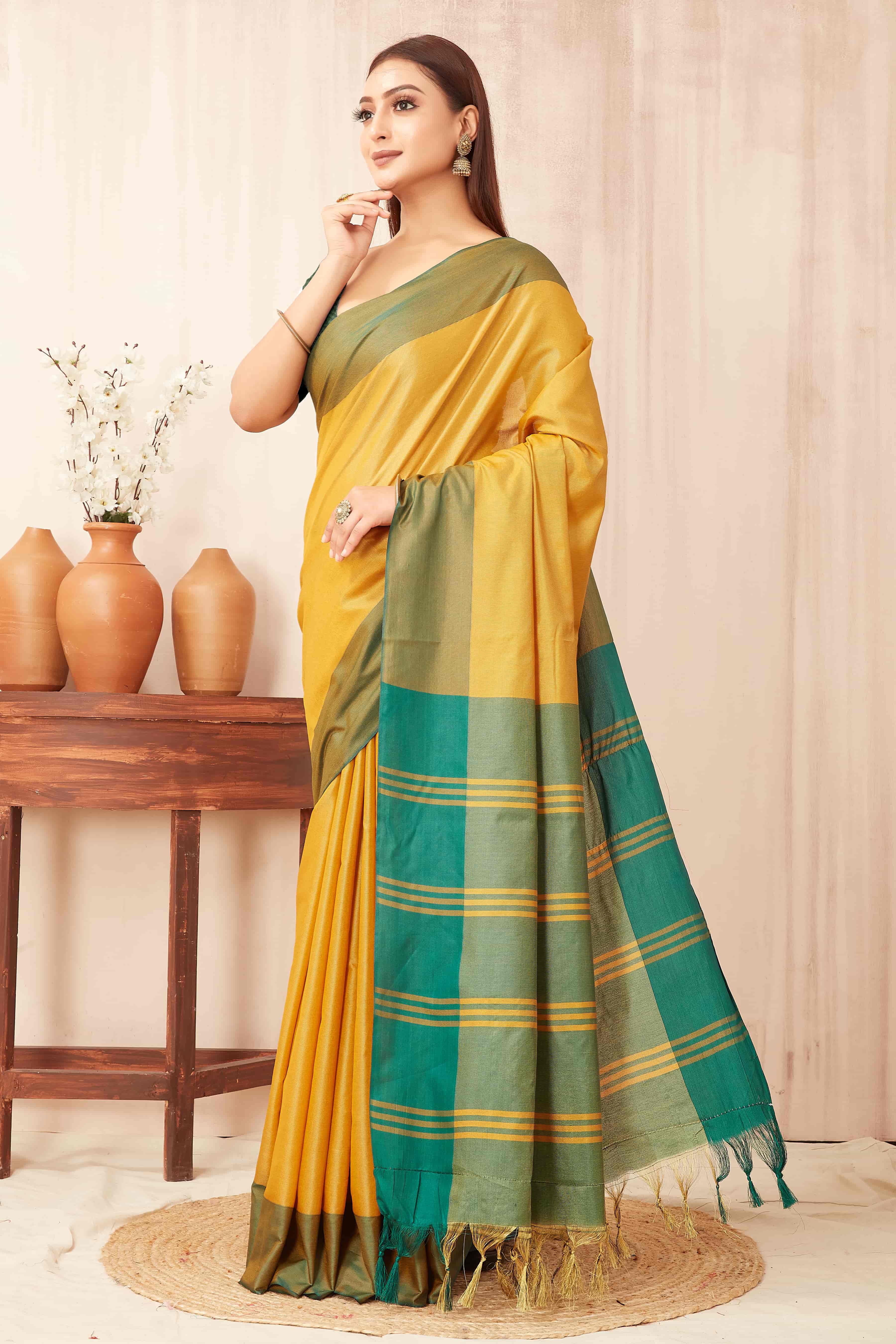 Hiral Fashion Yellow Banarasi Soft Silk Solid Saree