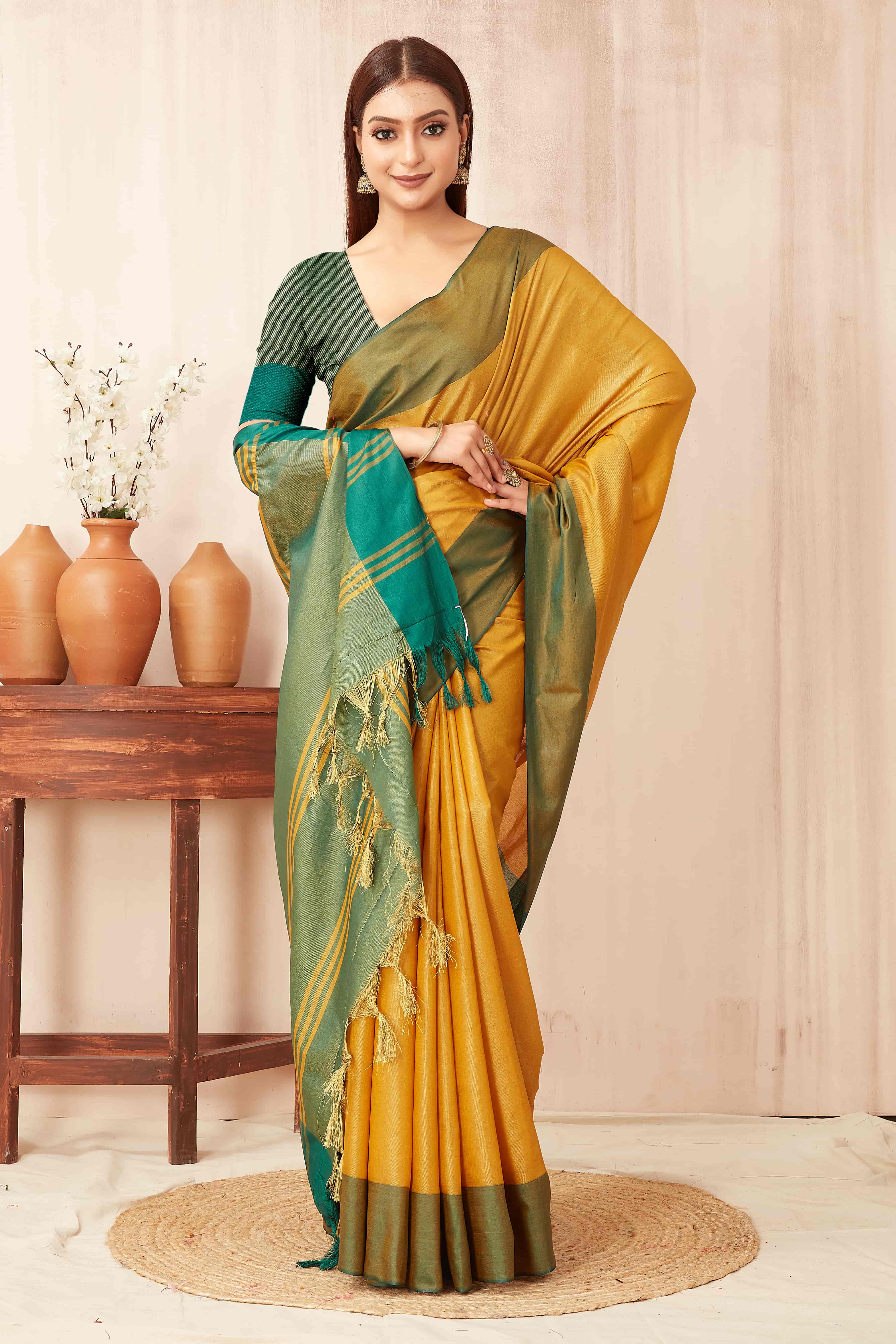 Hiral Fashion Yellow Banarasi Soft Silk Solid Saree