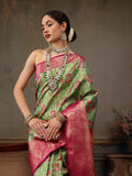 Green Pure Silk Woven Zari Design Floral Saree with Unstitched Blouse - Hiral Fashion