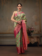 Green Pure Silk Woven Zari Design Floral Saree with Unstitched Blouse - Hiral Fashion