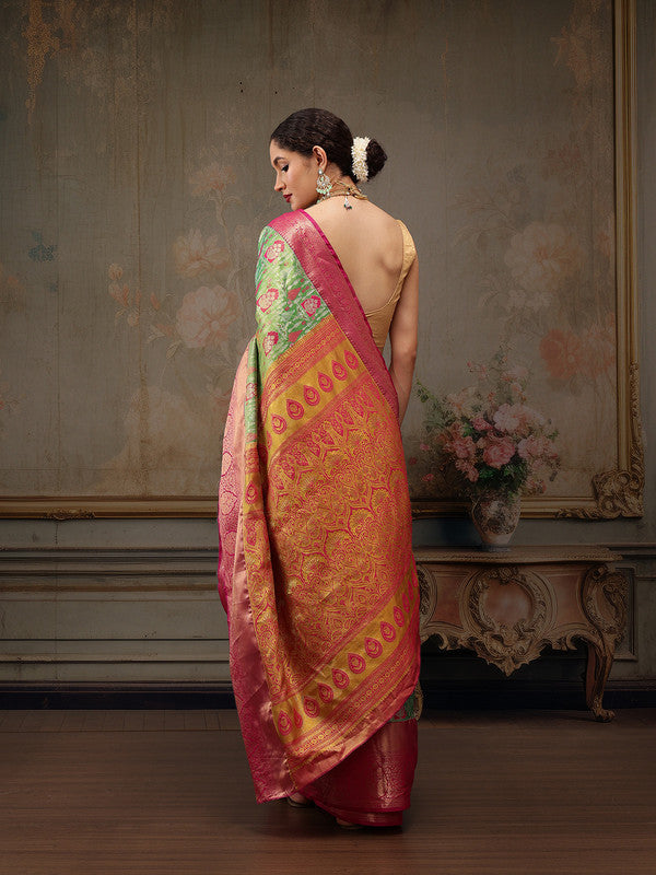 Green Pure Silk Woven Zari Design Floral Saree with Unstitched Blouse - Hiral Fashion