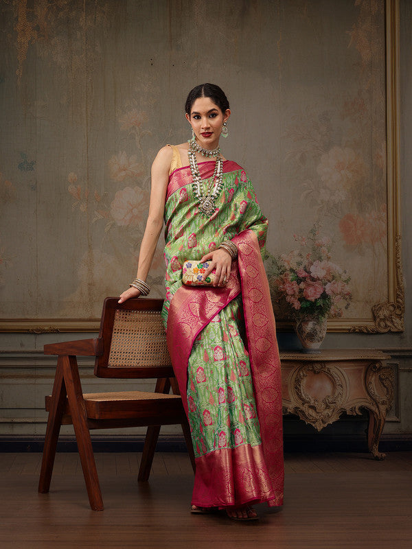 Green Pure Silk Woven Zari Design Floral Saree with Unstitched Blouse - Hiral Fashion