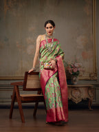 Green Pure Silk Woven Zari Design Floral Saree with Unstitched Blouse - Hiral Fashion