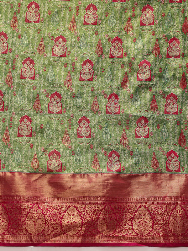 Green Pure Silk Woven Zari Design Floral Saree with Unstitched Blouse - Hiral Fashion