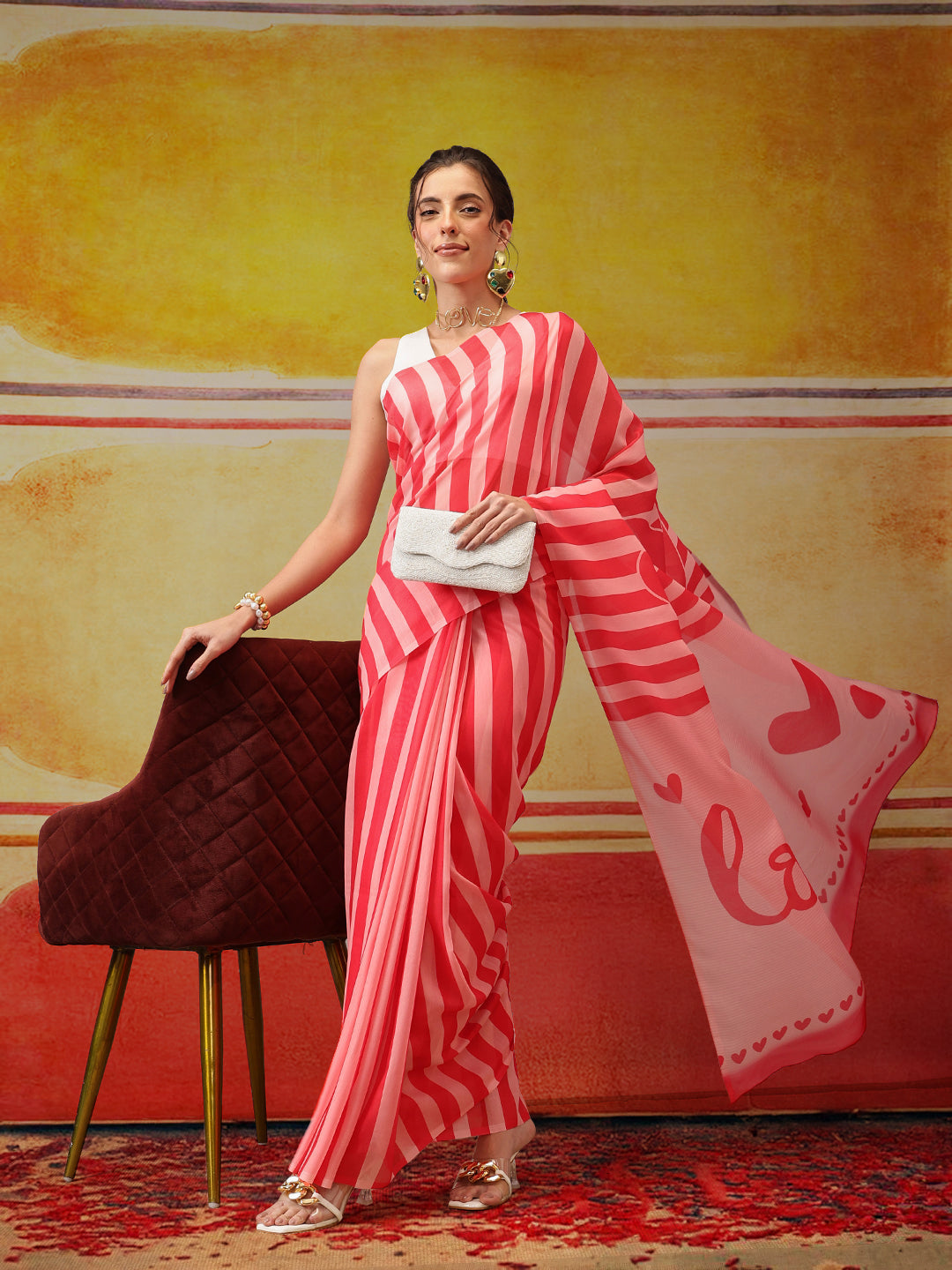 Hiral Fashion Pink Bollywood Mul Cotton Stripes Digital Printed Saree