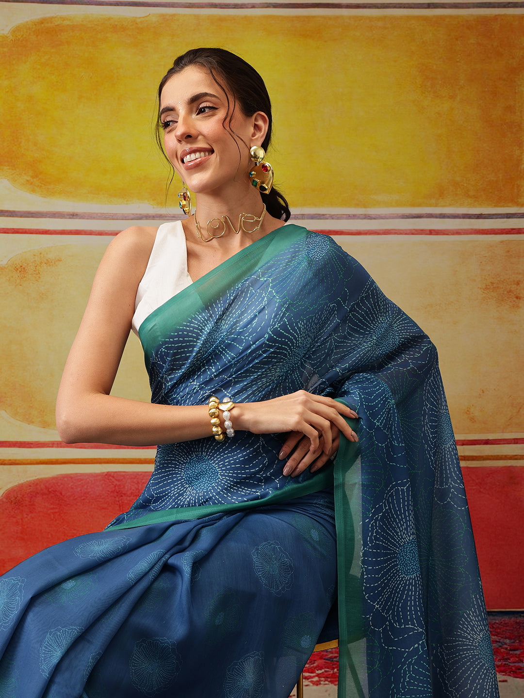 Hiral Fashion Teal Bollywood Mul Cotton Floral Digital Printed Saree