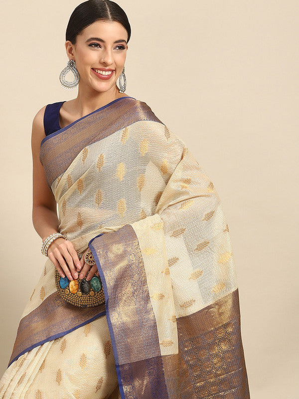 Navy Blue Tissue Silk Woven Zari Design Floral Saree with Unstitched Blouse - Hiral Fashion