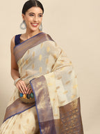 Navy Blue Tissue Silk Woven Zari Design Floral Saree with Unstitched Blouse - Hiral Fashion