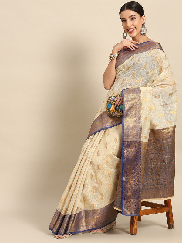 Navy Blue Tissue Silk Woven Zari Design Floral Saree with Unstitched Blouse - Hiral Fashion