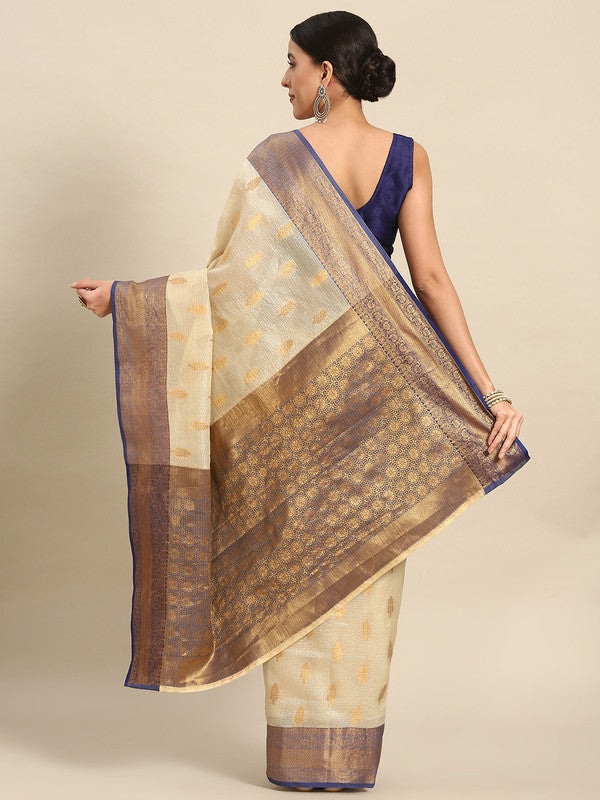 Navy Blue Tissue Silk Woven Zari Design Floral Saree with Unstitched Blouse - Hiral Fashion