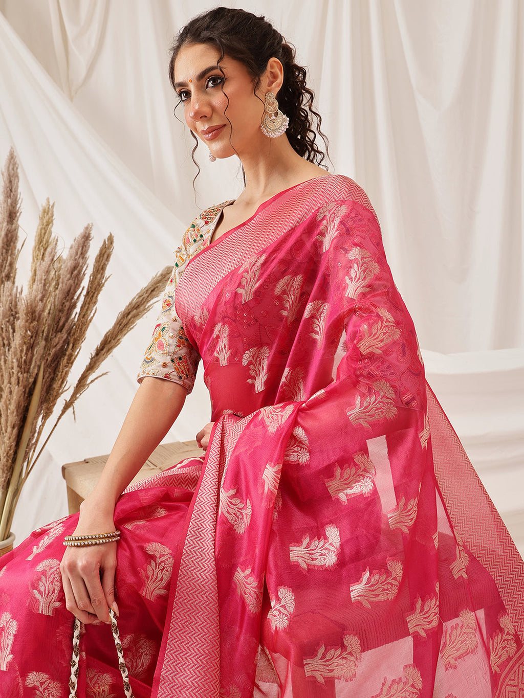 Hiral Fashion Pink Banarasi Organza Silk Floral Woven Design Saree