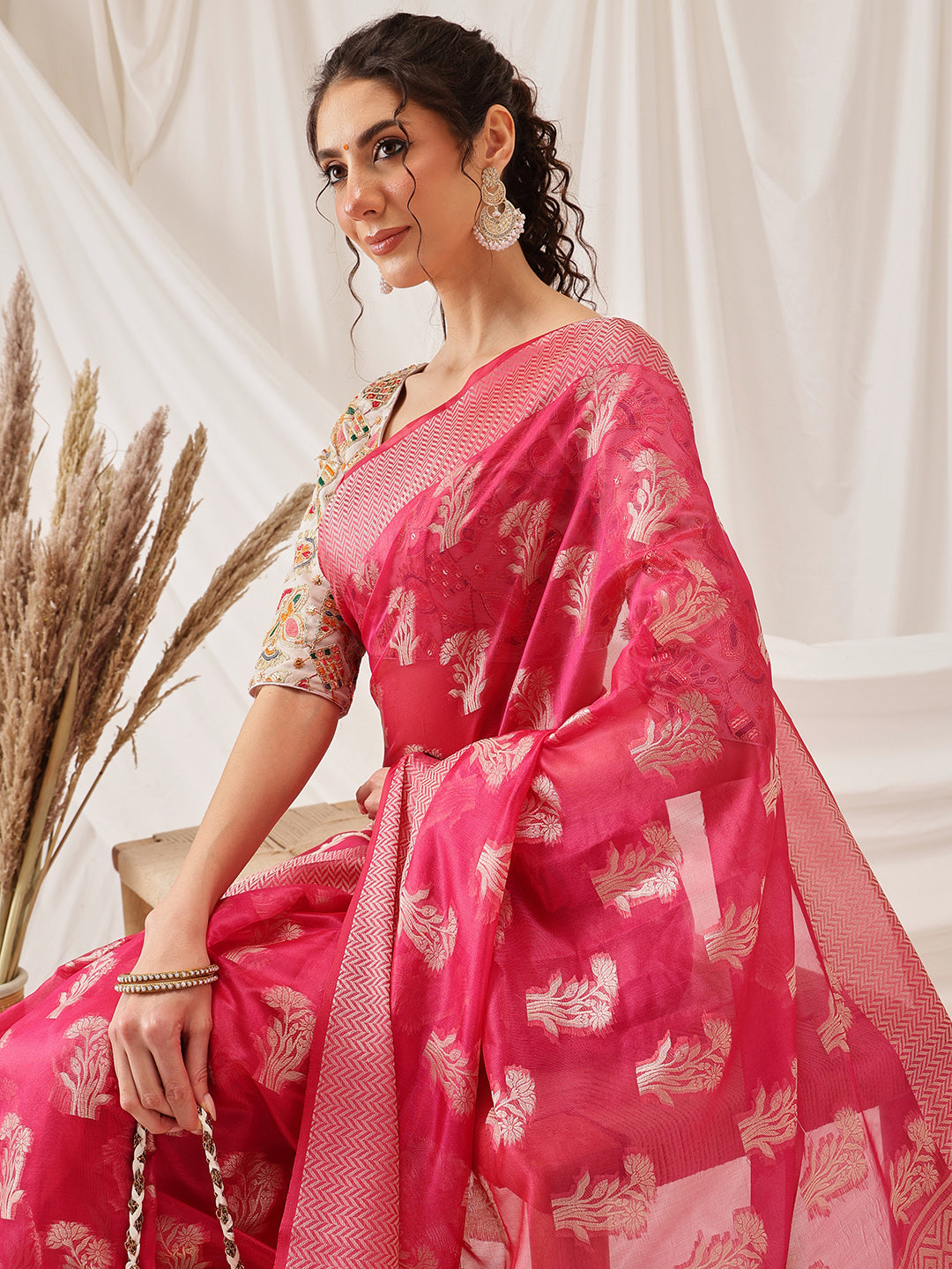 Hiral Fashion Pink Banarasi Organza Silk Floral Woven Design Saree