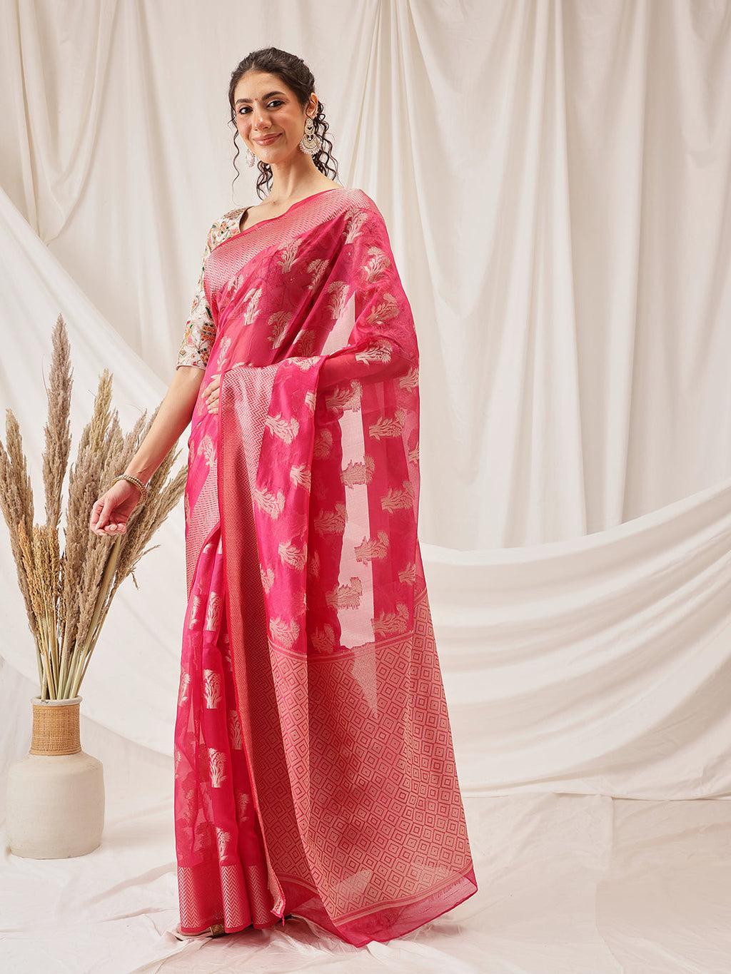 Hiral Fashion Pink Banarasi Organza Silk Floral Woven Design Saree