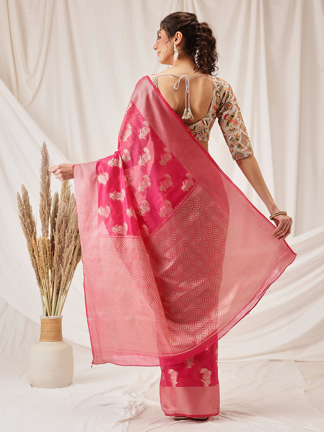 Hiral Fashion Pink Banarasi Organza Silk Floral Woven Design Saree