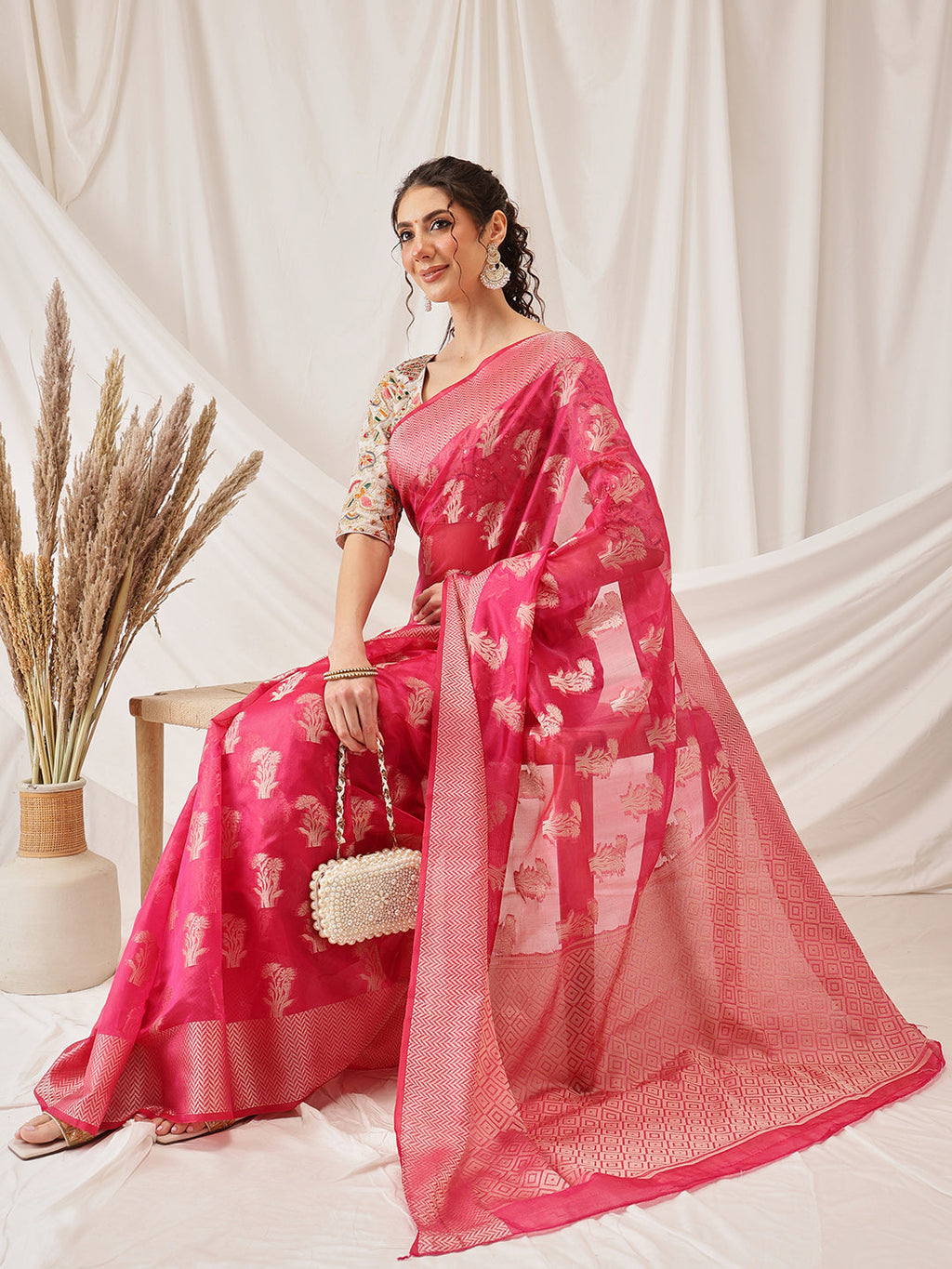 Hiral Fashion Pink Banarasi Organza Silk Floral Woven Design Saree