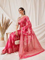 Hiral Fashion Pink Banarasi Organza Silk Floral Woven Design Saree