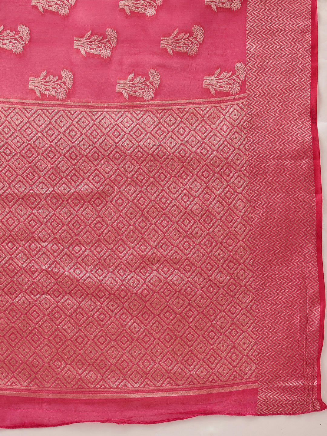 Hiral Fashion Pink Banarasi Organza Silk Floral Woven Design Saree