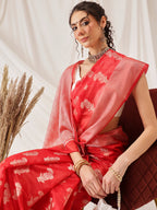 Hiral Fashion Red Banarasi Organza Silk Floral Woven Design Saree