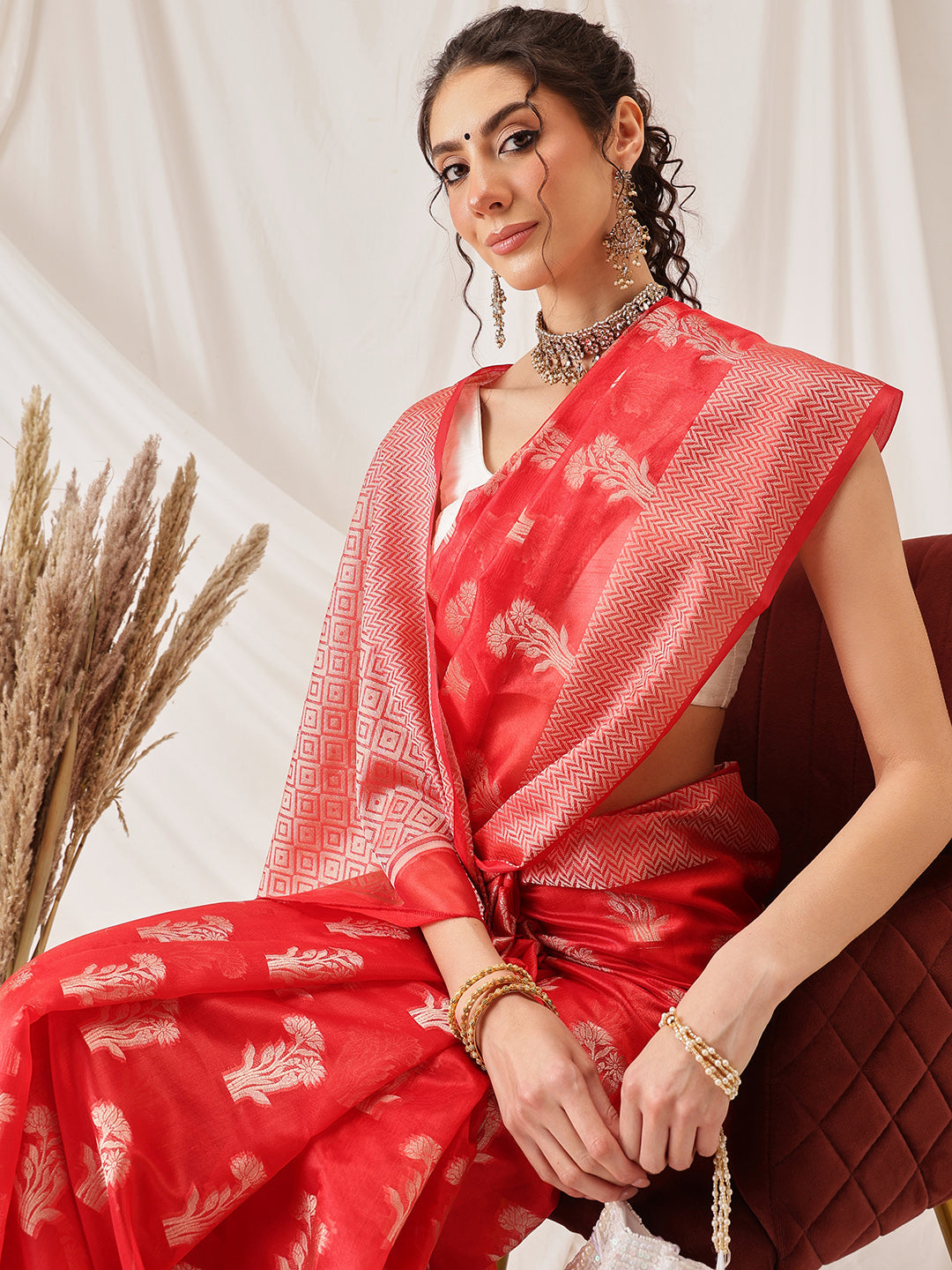 Hiral Fashion Red Banarasi Organza Silk Floral Woven Design Saree