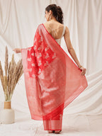 Hiral Fashion Red Banarasi Organza Silk Floral Woven Design Saree