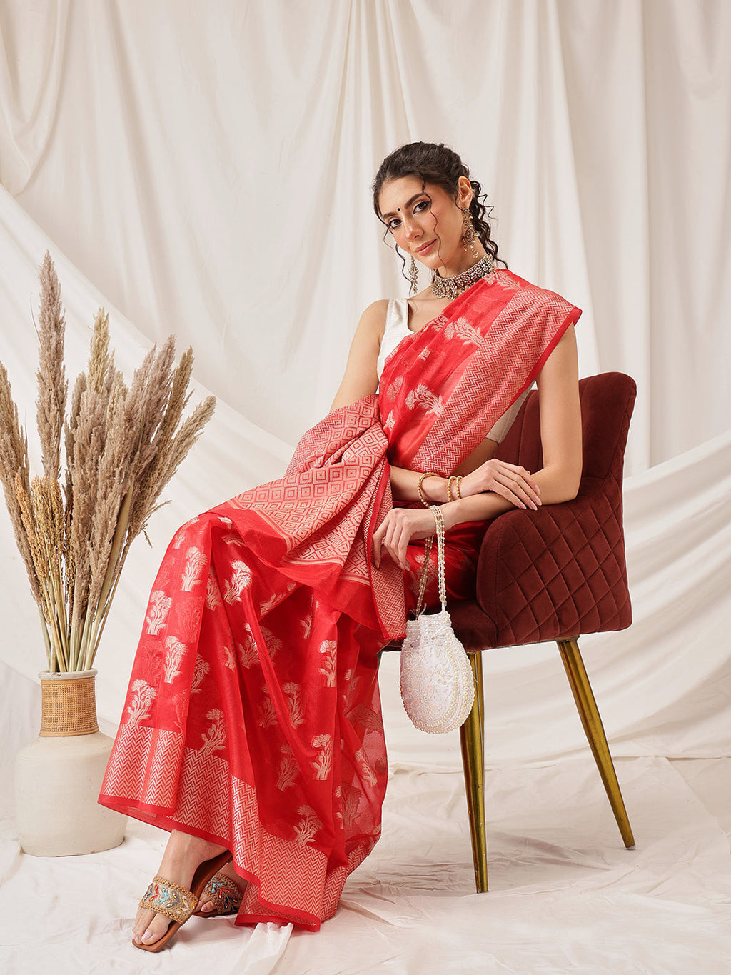 Hiral Fashion Red Banarasi Organza Silk Floral Woven Design Saree